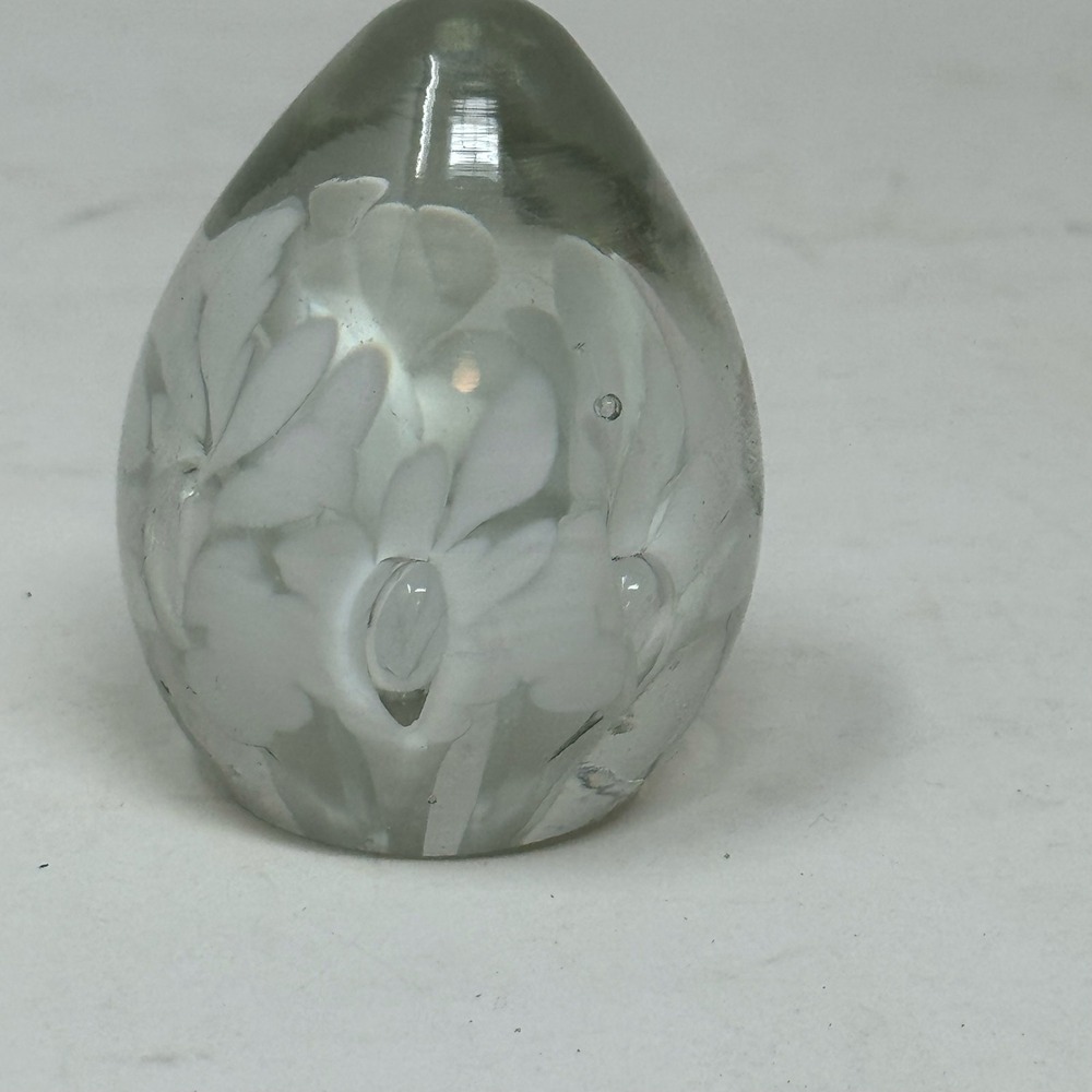 Vintage Glass Egg Paperweight White Floral Design Clear Decorative Art Collector